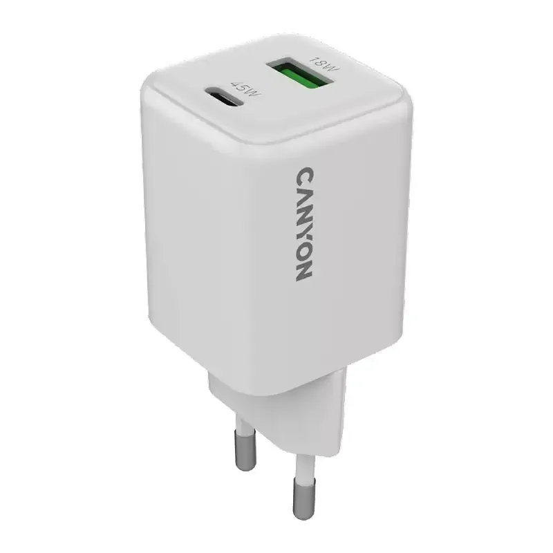 Canyon punjač CU45AC, 45W GaN, bijeli, 1x USB-C PD, 1x USB-A QC